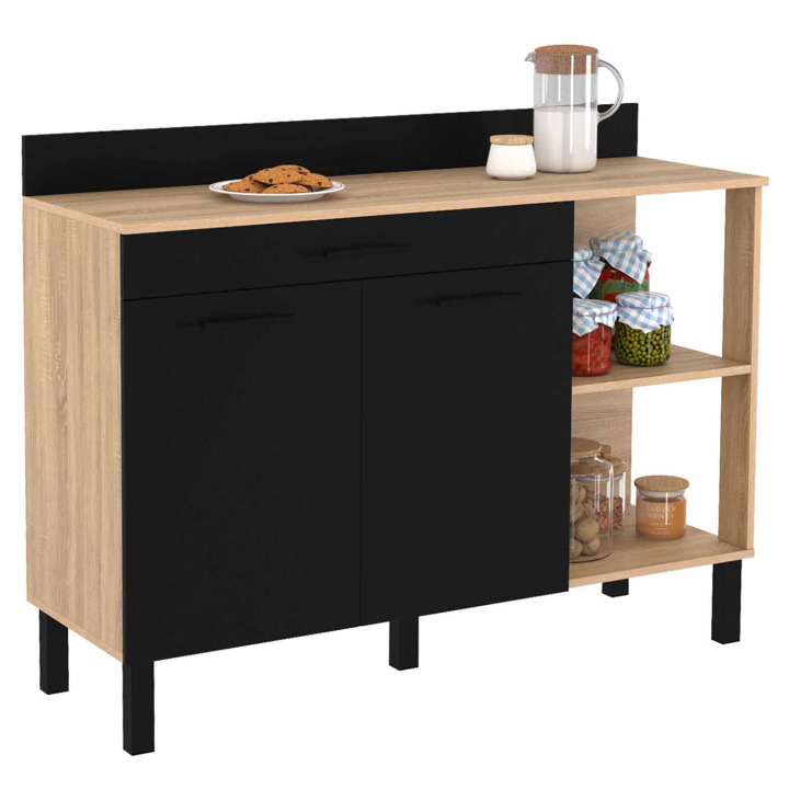 Buffet bas de cuisine 120 CM CINA plan de travail H.83 CM structure façon hêtre 2 portes noires + tiroir