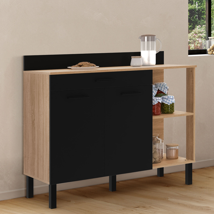 Buffet bas de cuisine 120 CM CINA plan de travail H.83 CM structure façon hêtre 2 portes noires + tiroir