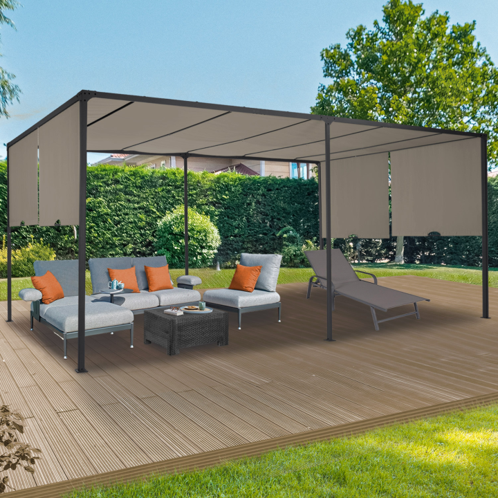 Pergola coulissante 2 pans 3x6 M belvédère de jardin toile taupe