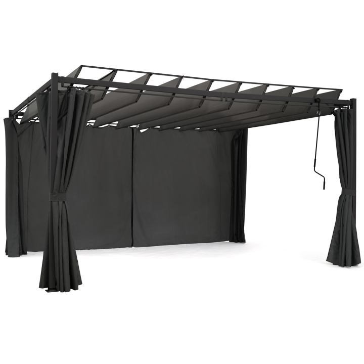 Pergola LUXE lames orientables CEFALU 3x4 M et 4 rideaux gris anthracite