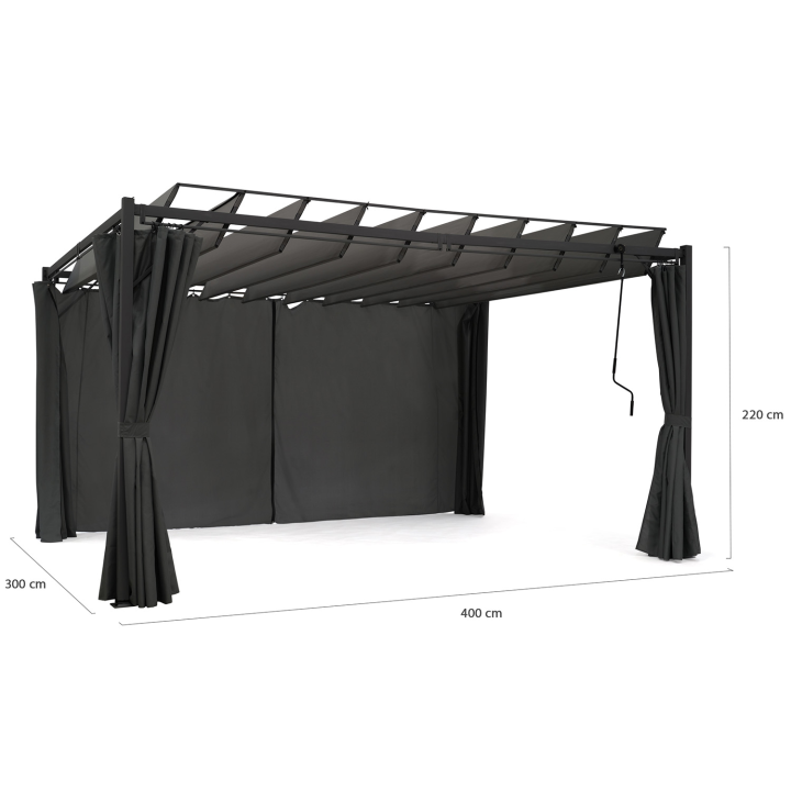 Pergola LUXE lames orientables CEFALU 3x4 M et 4 rideaux gris anthracite