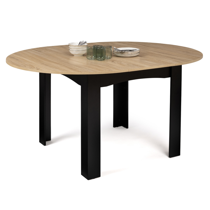 Table à manger extensible ronde DONA 4-6 personnes noire plateau façon hêtre 120-160 cm