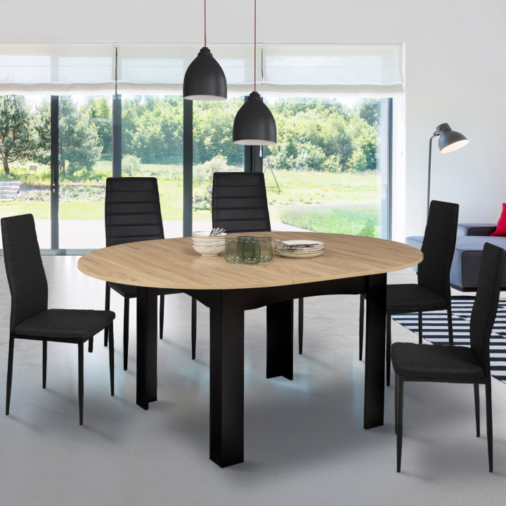 Table à manger extensible ronde DONA 4-6 personnes noire plateau façon hêtre 120-160 cm