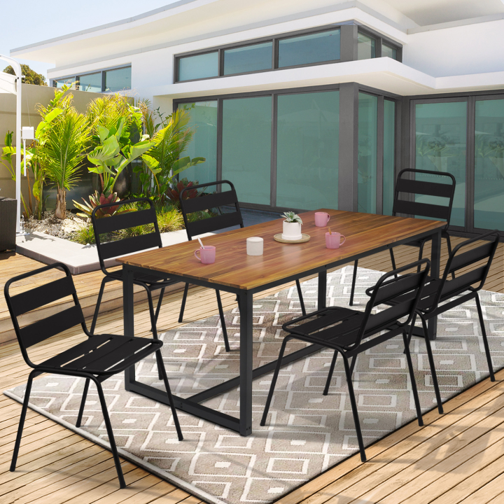 Salon de jardin SOHO acier + acacia table 150 cm et 6 chaises empilables noires design industriel