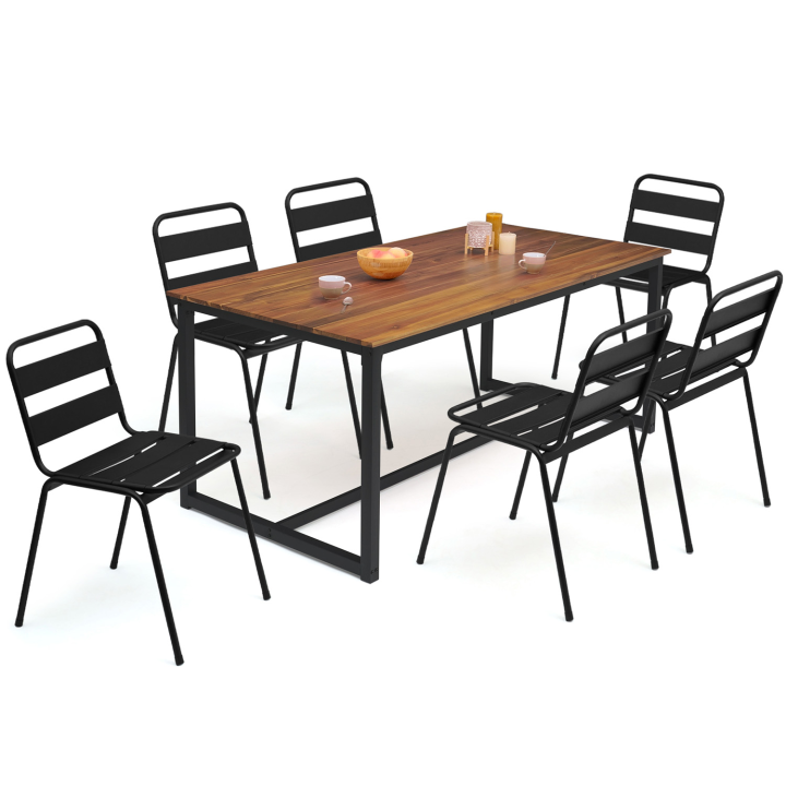 Salon de jardin SOHO acier + acacia table 150 cm et 6 chaises empilables noires design industriel