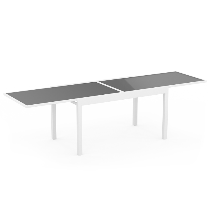 Salon de jardin MADRID table extensible plateau gris 135-270 CM et 12 chaises empilables structure blanche