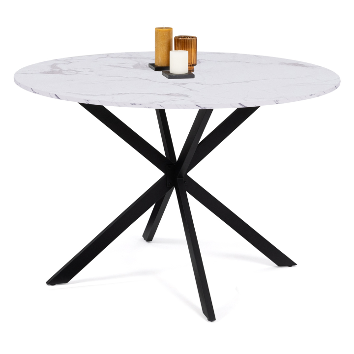 Table à manger ronde ALIX 4-6 personnes pied araignée métal noir et plateau effet marbre blanc ALASKA 110 cm