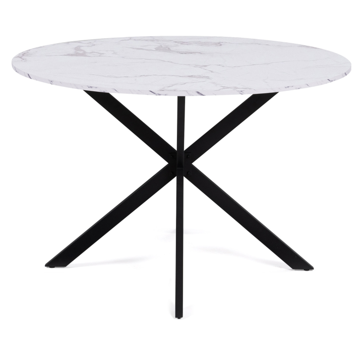 Table à manger ronde ALIX 4-6 personnes pied araignée métal noir et plateau effet marbre blanc ALASKA 110 cm