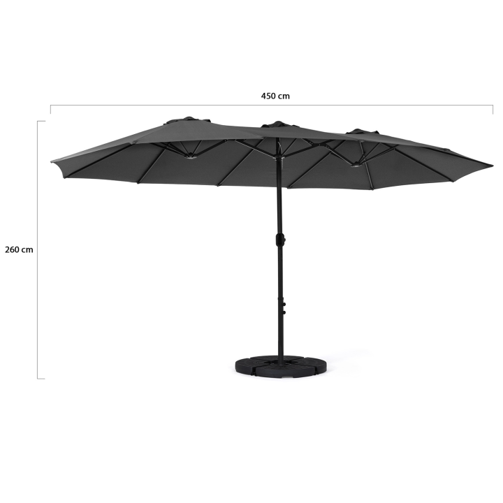 Parasol double FIGARI gris 450x260 cm avec housse et 4 dalles