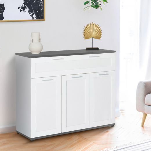 Buffet 100 cm VITO 3 portes et 1 tiroir blanc et plateau gris