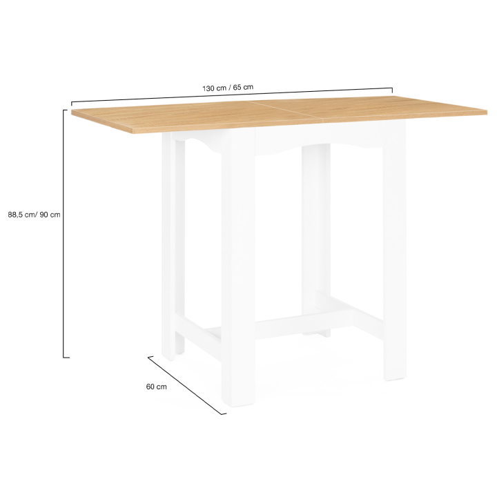 Mesa de bar extensible DONA, 2 a 4 personas, blanca, tablero efecto haya 65-130 cm