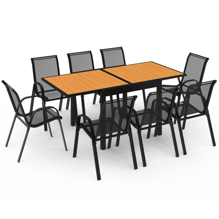 Salon de jardin POLY extensible table 90-180 CM et 8 chaises bois et noir