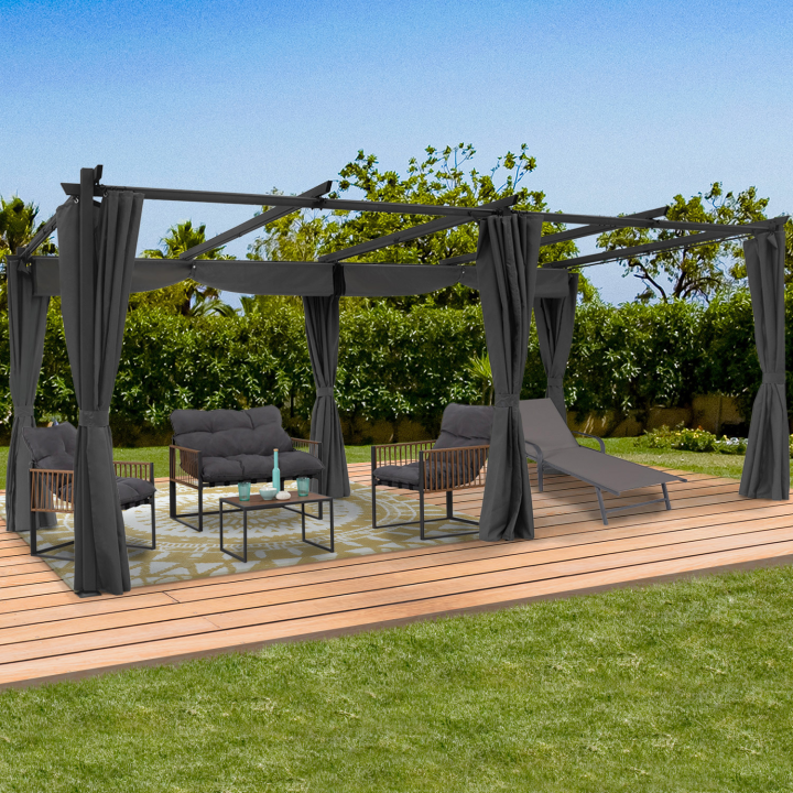 Pérgola techo retráctil 3x6 m con cortinas gris antracita | ID Market