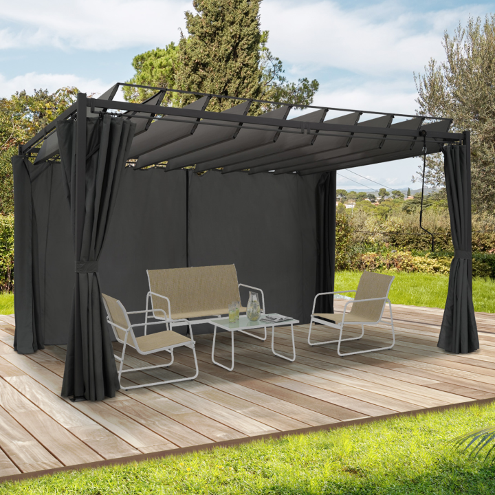 Pergola LUXE lames orientables CEFALU 3x4 M et 4 rideaux gris anthracite