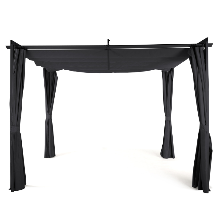 Pergola édition limitée toit rétractable 3x3M et 4 rideaux gris anthracite