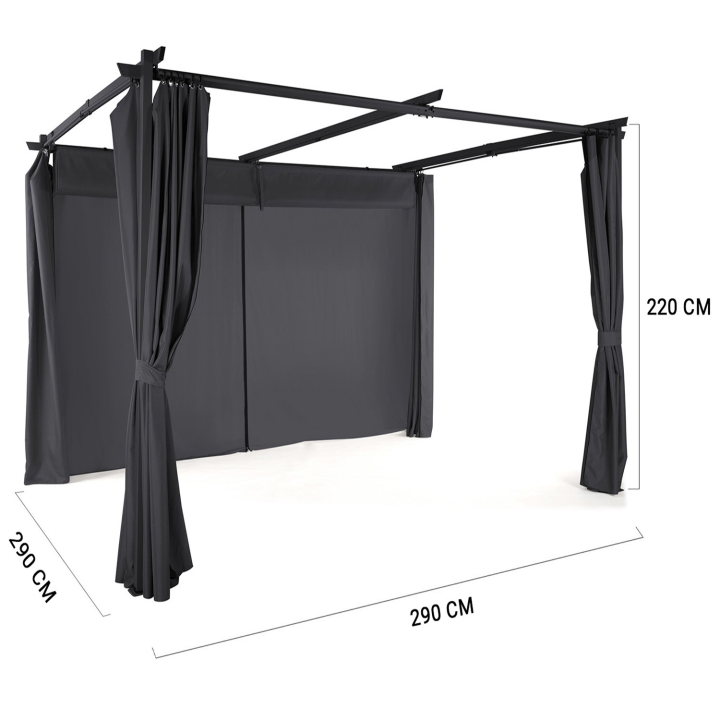 Pergola édition limitée toit rétractable 3x3M et 4 rideaux gris anthracite