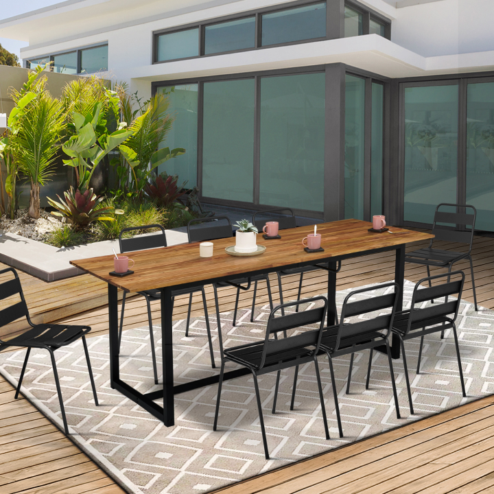 Salon de jardin extensible SOHO 8/10 places acier + acacia table 160/200 cm et 8 chaises empilables noires design industriel