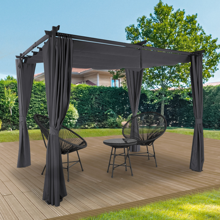 Pérgola techo retráctil 3x3m gris con 4 cortinas | ID Market