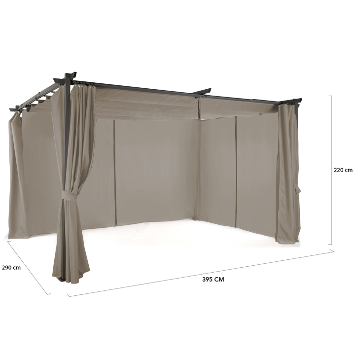 Pergola édition limitée toit rétractable 3x4M et 4 rideaux taupe