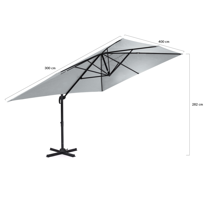 Parasol déporté inclinable rotatif 360 CALVI gris clair 3x4 M avec housse