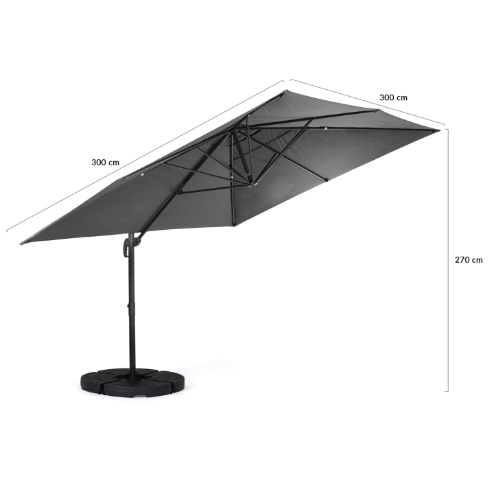 Parasol déporté inclinable rotatif 360 CALVI gris 3x3 M avec 4 dalles et housse