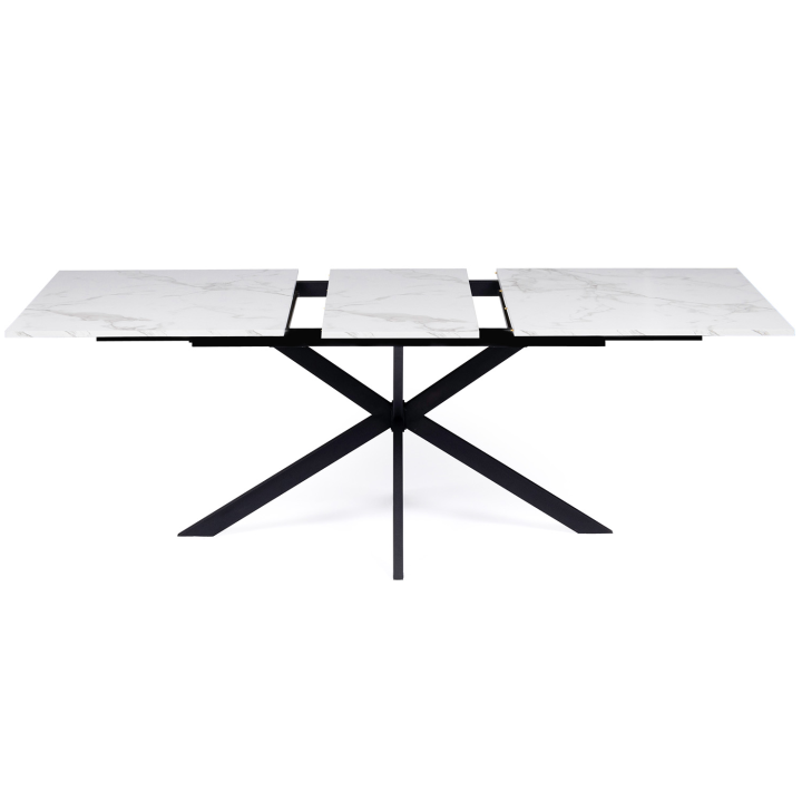 Table à manger extensible rectangle ALIX 6-10 personnes pied araignée métal noir plateau effet marbre blanc ALASKA 160-200 cm