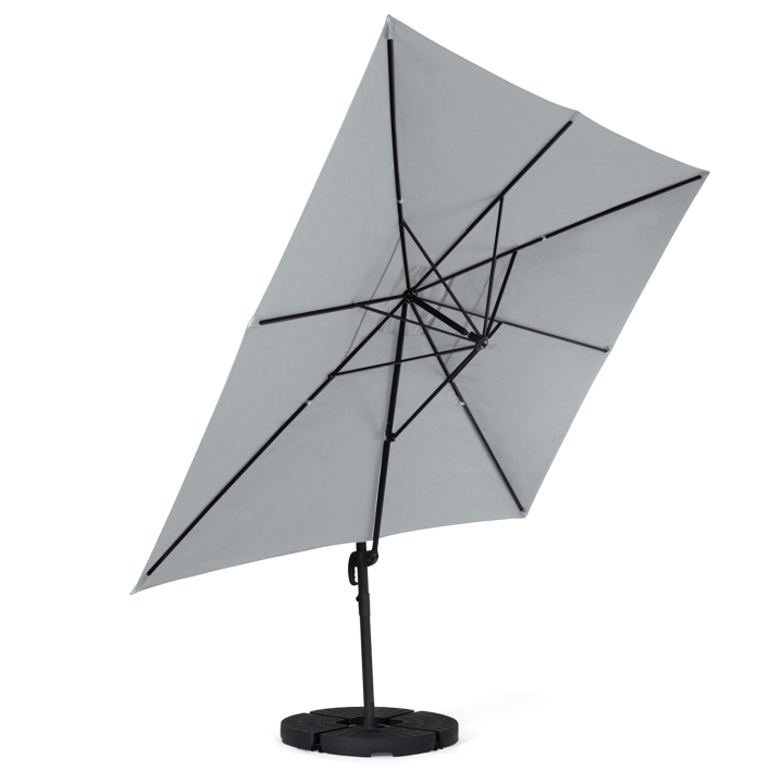 Parasol déporté inclinable rotatif 360 CALVI gris clair 3x4 M avec 4 dalles et housse