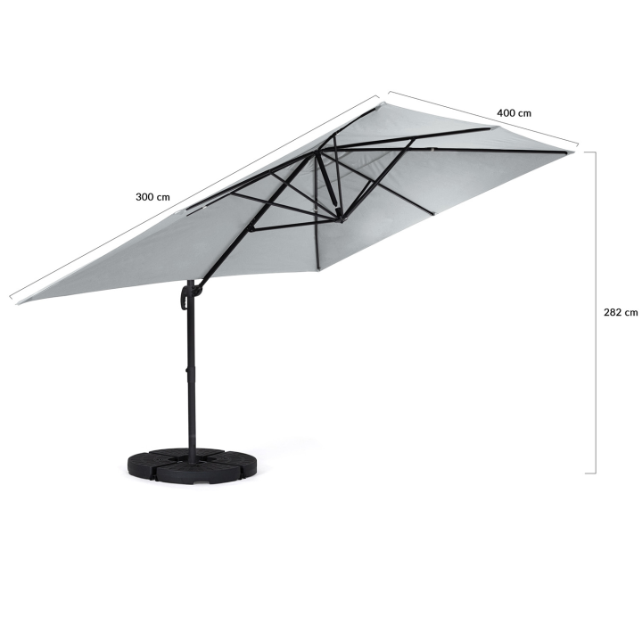 Parasol déporté inclinable rotatif 360 CALVI gris clair 3x4 M avec 4 dalles et housse