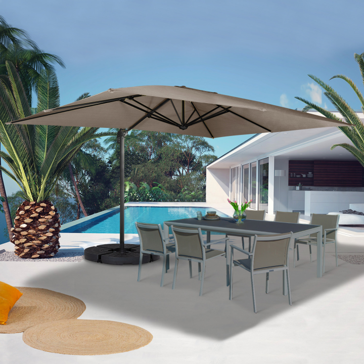 Parasol déporté inclinable rotatif 360 CALVI taupe 3x4 M avec 4 dalles et housse