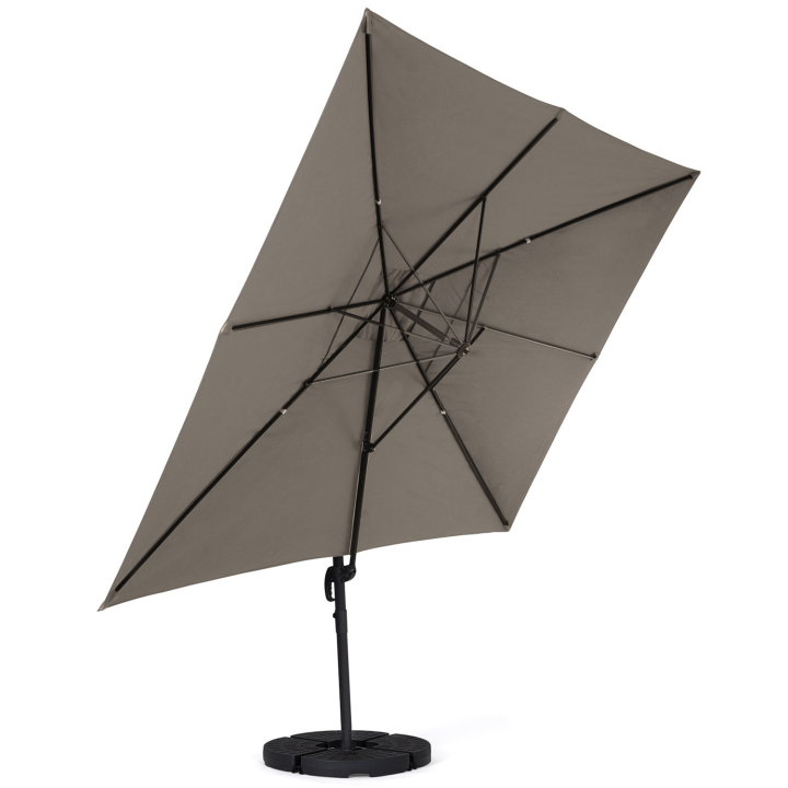 Parasol déporté inclinable rotatif 360 CALVI taupe 3x4 M avec 4 dalles et housse