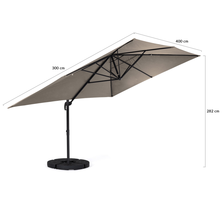 Parasol déporté inclinable rotatif 360 CALVI taupe 3x4 M avec 4 dalles et housse