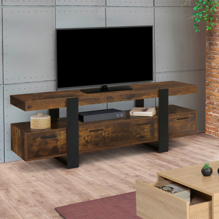 Meuble TV 140 cm PHOENIX avec tiroirs bois effet vieilli et noir