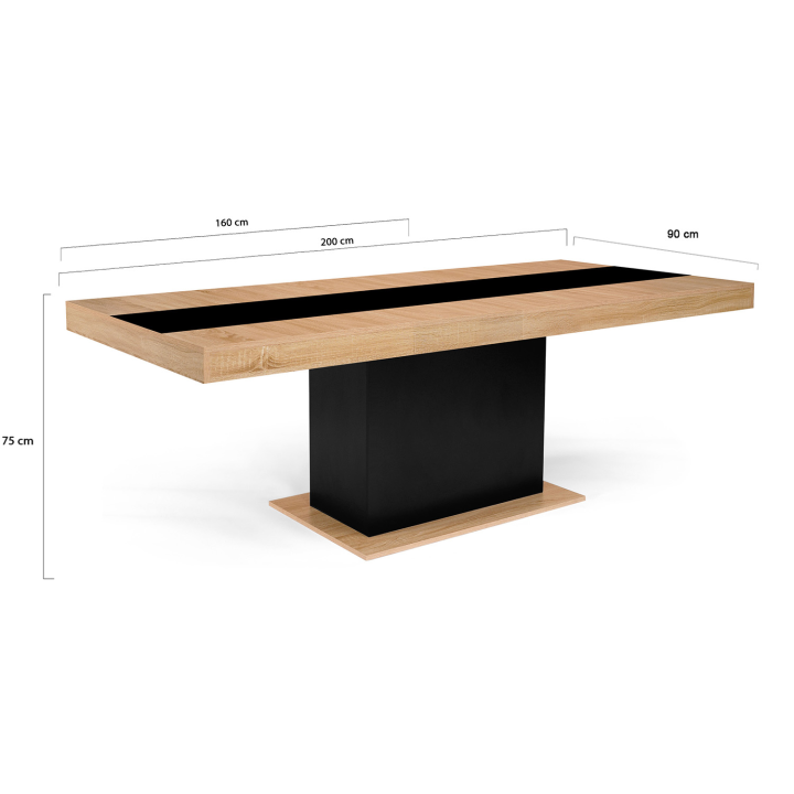 Table à manger extensible rectangle EDEN 6-10 personnes bois et noir bande centrale noire 160-200 cm