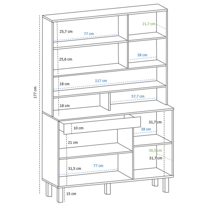 Buffet de cuisine 120 CM CINA meuble 6 portes noir mat et structure façon hêtre + tiroir