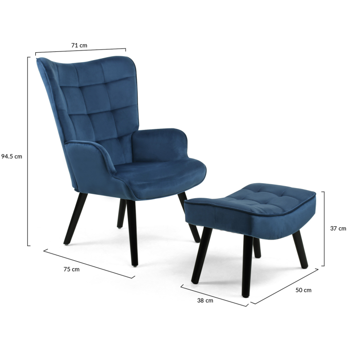 Fauteuil scandinave ANIA avec repose pieds velours bleu