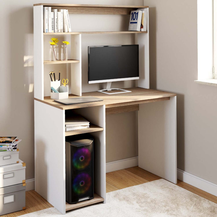 Bureau avec étagères de rangement DAN blanc et façon hêtre