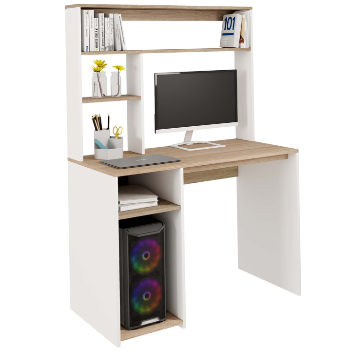 Bureau avec étagères de rangement DAN blanc et façon hêtre