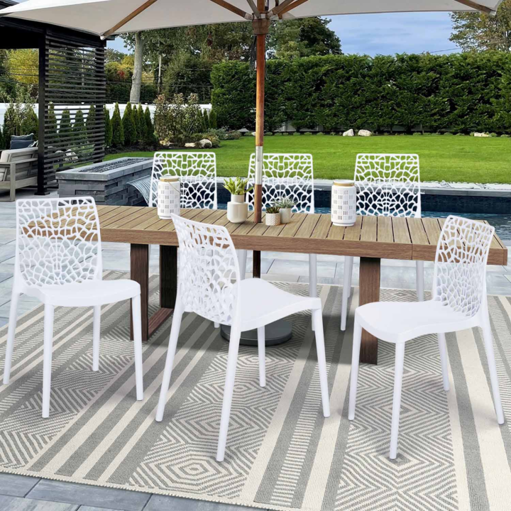 Lot de 6 chaises de jardin ALYSSA en polypropylène nid d’abeille blanc