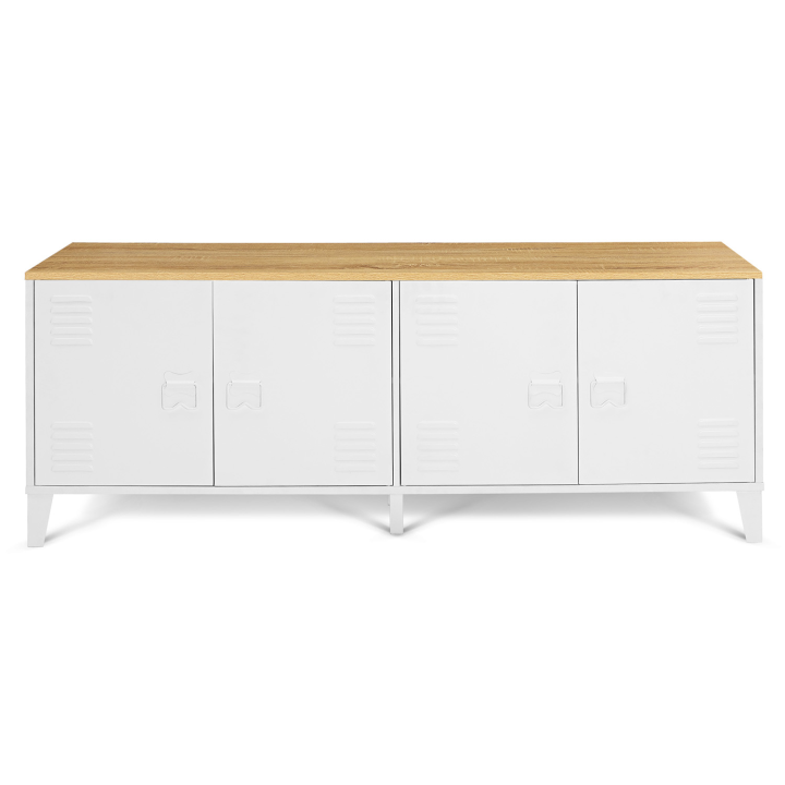 Buffet bas 140 cm ESTER 4 portes métal blanc plateau bois design industriel