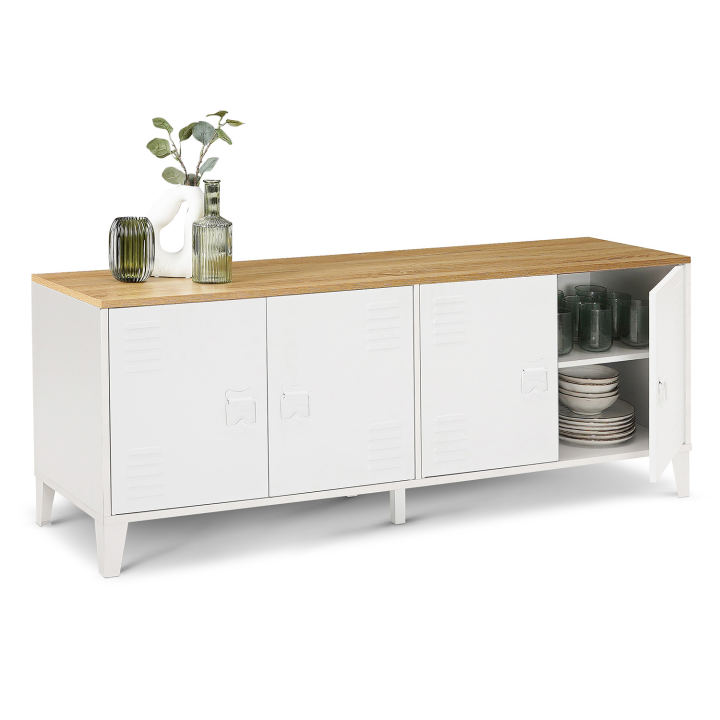 Buffet bas 140 cm ESTER 4 portes métal blanc plateau bois design industriel