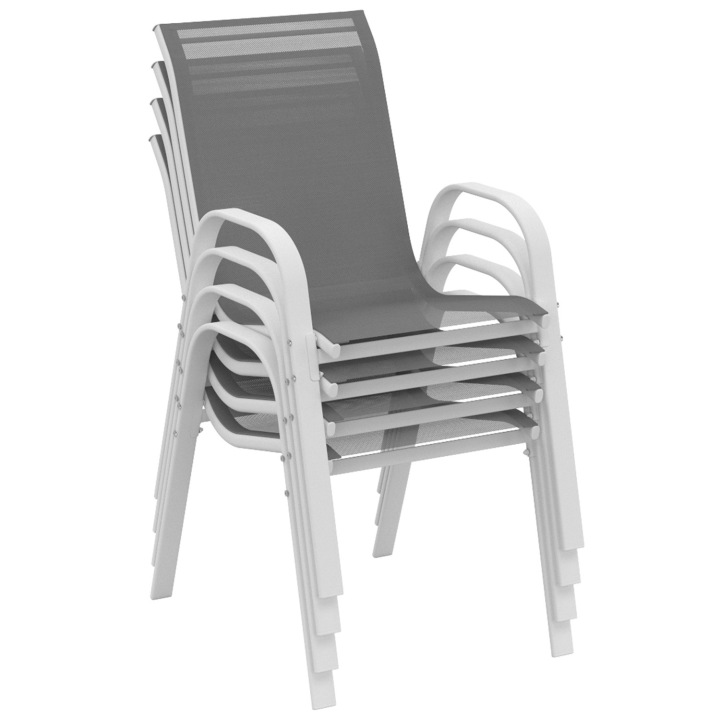 Lot de 4 chaises de jardin LYMA métal et textilène empilables blanc et gris