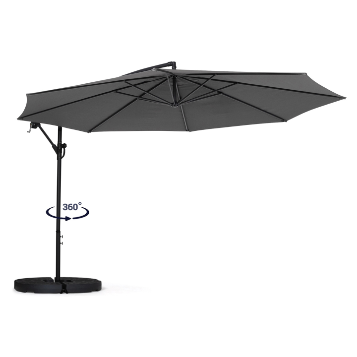 Parasol déporté rotatif 360 AJACCIO gris D.3,5M avec 4 dalles et housse