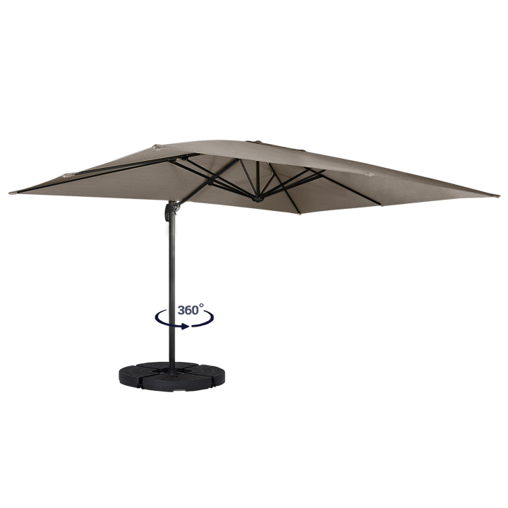 Parasol déporté inclinable rotatif 360 CALVI taupe 3x4 M avec 4 dalles et housse