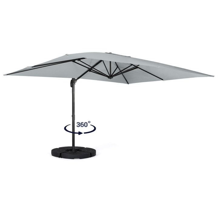 Parasol déporté inclinable rotatif 360 CALVI gris clair 3x4 M avec 4 dalles et housse