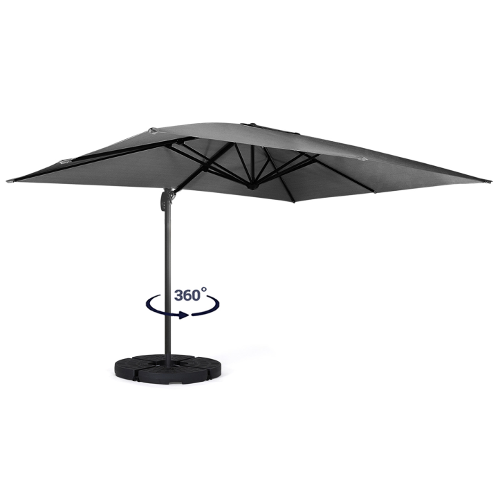 Parasol déporté inclinable rotatif 360 CALVI gris 3x3 M avec 4 dalles et housse