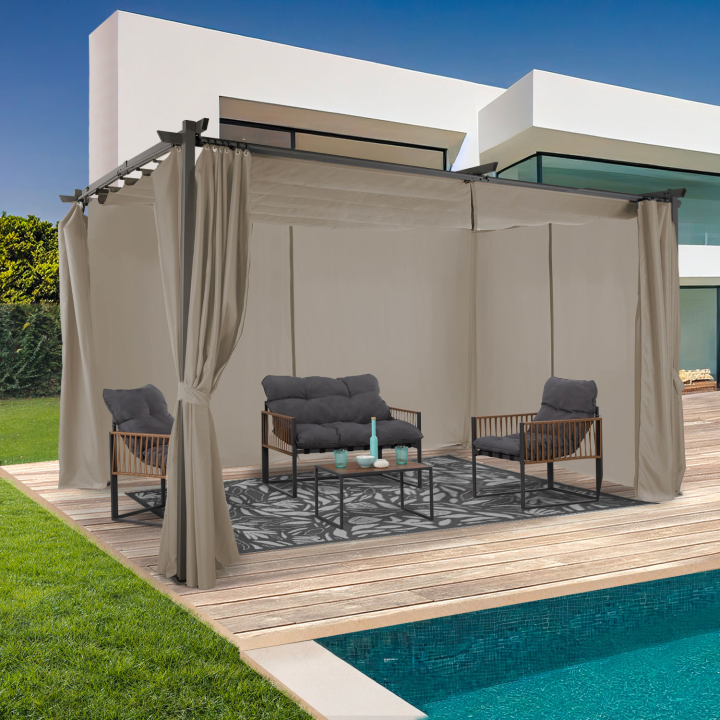 Pergola édition limitée toit rétractable 3x4M et 4 rideaux taupe