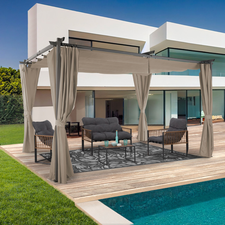 Pergola édition limitée toit rétractable 3x4M et 4 rideaux taupe