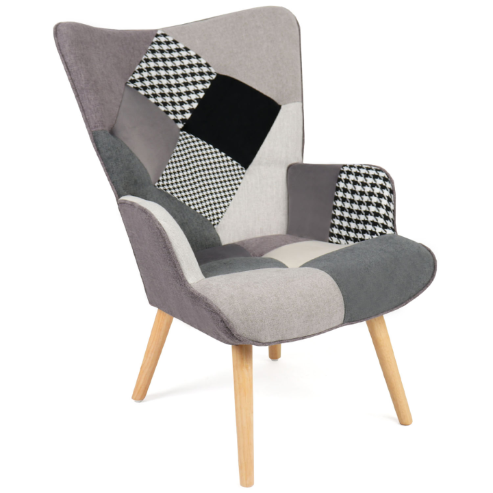 Fauteuil scandinave IVAR en tissu patchwork noir, gris et blanc