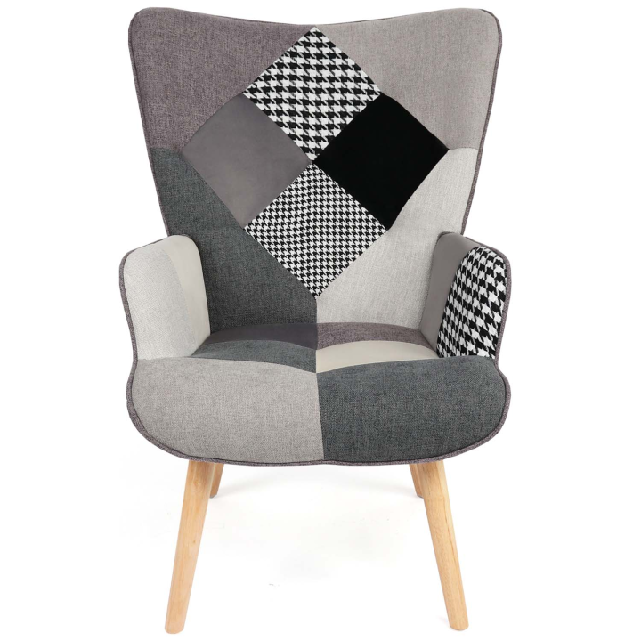 Fauteuil scandinave IVAR en tissu patchwork noir, gris et blanc