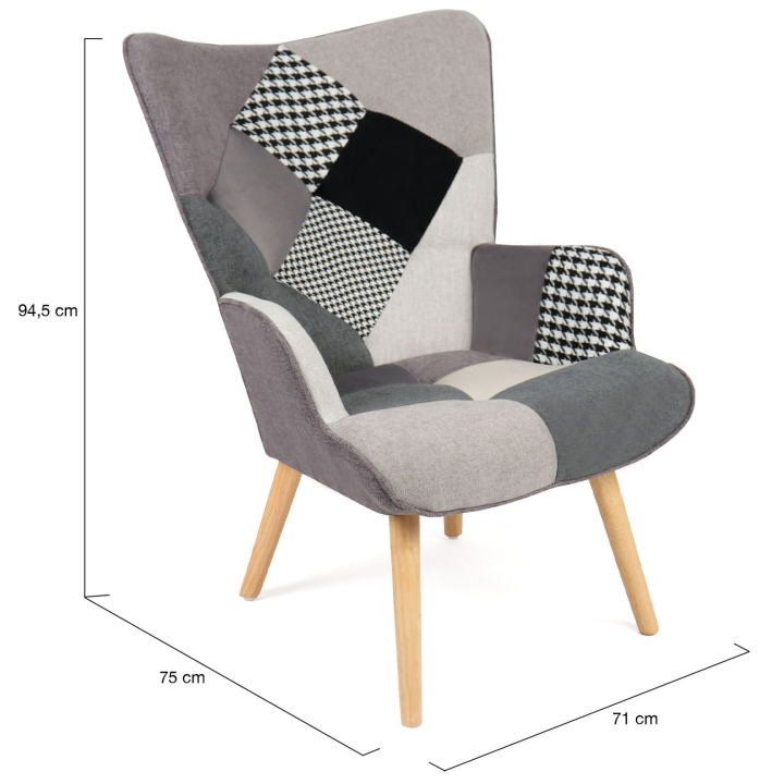 Fauteuil scandinave IVAR en tissu patchwork noir, gris et blanc